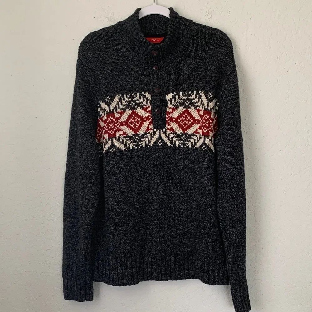 Izod Charcoal Cardigan with Red and White Design Men’s Sweater Size L